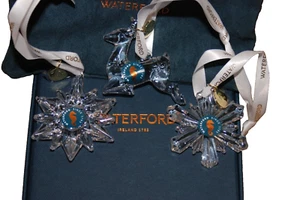 WATERFORD ANNUAL CRYSTAL SNOWFLAKE DEER CHRISTMAS ORNAMENT 3 PCS SET 3" NEW NIB - Picture 1 of 11