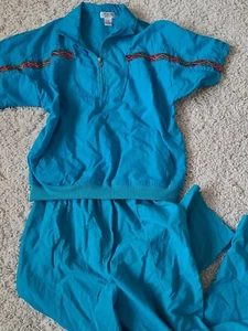 Vtg Lavon Nylon Track Suit Womens Size L Blue Windbreaker Pants Jacket Aztec - Picture 1 of 12