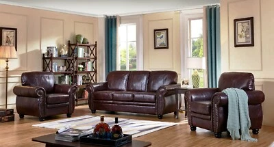 Burgundy Leather 3 Seater Sofa + 2 Armchairs Sofa Suite HIGHBURY - Image 1 of 4