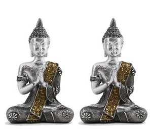 Coppia di statue di Buddha d'argento meditative Feng Shui 4" Thai Toccando Terra - Foto 1 di 4