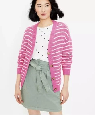 Cárdigan para mujer LOFT NUEVO CON ETIQUETAS relajado a rayas cuello en V - rosa brillante - talla X pequeño Foto 1 de 3