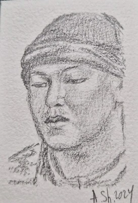 ACEO Original pencil drawing man portrait warror face mini art OOAK - Image 1 of 2