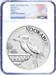 2022 Kookaburra 1 Kilo .9999 Silver $30 Coin NGC MS70 32.2oz Flag Label ER - Picture 1 of 2