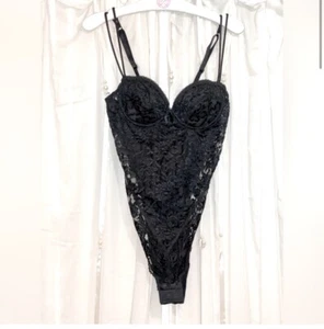 Vintage Victorias Secret Body Gold Label Second Skin 80er schwarz Satin Teddy 36A - Bild 1 von 9