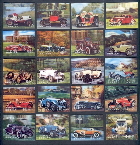 OLDTIMER AUTOMOBILES, 3-D STAMPS FROM BHUTAN, FULL SET, MINT NEVER HINGED! Cover