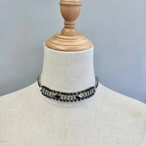 Vintage 70er Schwarz & Klarglas Strass Halskette und Schraube Post Ohrringe Set - Bild 1 von 17