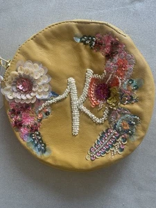 Anthropologie Embellished Leather Round Purse Pouch Monogram K Bead Mustard BN - Picture 1 of 4