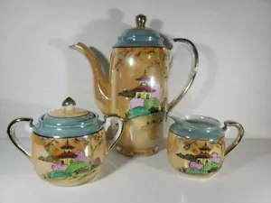 Vtg Hand Painted Japanese Lusterware 3 Piece Tea Set Iridescent Floral Pattern - Picture 1 of 11