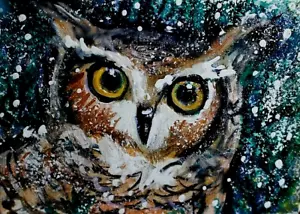 PINTURA ACEO BÚHO CORNUDO ORIGINAL Invierno AVE Nieve Animal Naturaleza ATC ARTE - Imagen 1 de 1