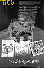 orig. vintage negative!  sweet girl w story books, toy elephant 1940's  Hungary 