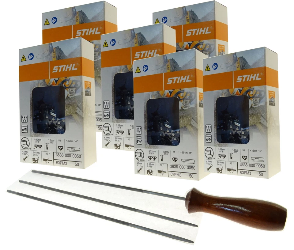 6 Stihl 35cm 3/8 1,3 Picco Micro Sägeketten 3636 000 0050, 3 Feilen, Feilengriff