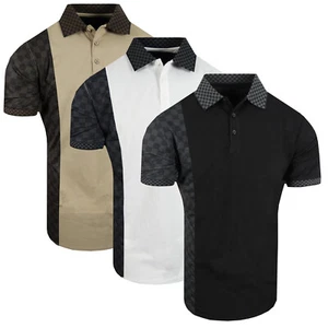 Polo Shirt Mens Designer Italian Check Stripe Side Panel Collar Slim Fit Stretch - Picture 1 of 10