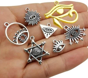 4 Eye of Horus Pendants Egyptian Charms Assorted Lot Antiqued Silver Gold Mix - Picture 1 of 2