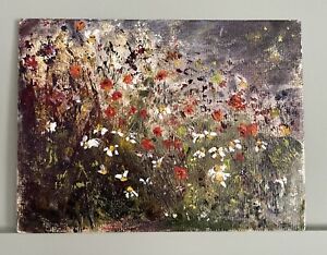 Vintage Impressionist Oil Painting On Board - Field Of Wild Flowers