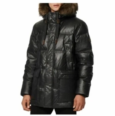 Parka Andrew Marc Galveston acolchada de piel sintética con capucha negra L nueva con etiquetas $495 Foto 1 de 4