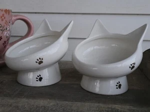 CAT EARS Cat Food Bowls - Tilted Elevated Ceramic Food /Water Bowls Set GOLD PAW - Picture 1 of 12