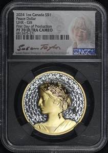 2024 Canada $1 Silver UHR Gilt Peace Dollar NGC PF-70 UC FDOP Taylor Signature - Picture 1 of 2