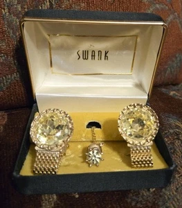 DE COLECCIÓN GEMELOS SWANK PIEDRAS DE COLOR CITRINO EN TONO DORADO CON CAJA ORIGINAL TIE TACHLE - Imagen 1 de 3