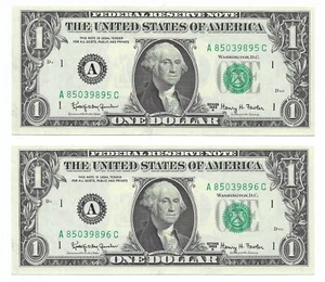 1963A $1 BOSTON FRNs. 2 Consecutive, Crisp & UNCIRCULATED Banknotes. A/C Block - Picture 1 of 2