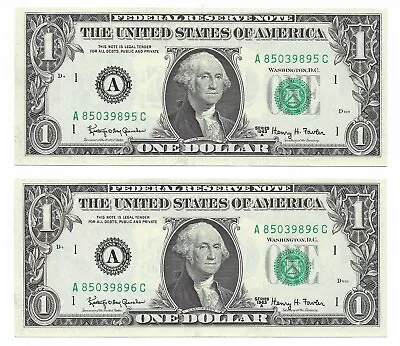 1963A $1 BOSTON FRNs. 2 Consecutive, Crisp & UNCIRCULATED Banknotes. A/C Block - Image 1 of 2