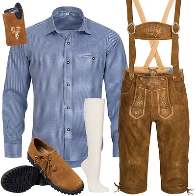 Trachtenset Herren Trachten Set Lederhose mit Träger Hemd Schuhe Socken BR3B1 - Bild 1 von 4