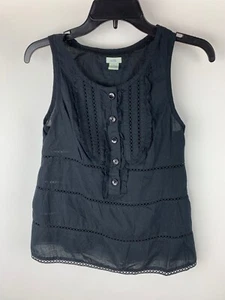 Odille Black Eyelet Inset Detailed Henley Top Tank Blouse 2 Excellent - Picture 1 of 4