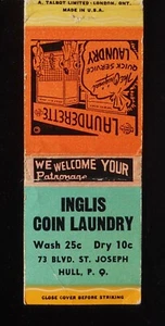 1960s Inglis Coin Laundry Wash 25¢ Dry 10¢ 73 Blvd. St. Joseph Hull QC Canada MB - Picture 1 of 2