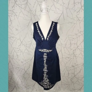 Eddie Bauer Navy Floral Embroidered Babydoll Empire Waist Dress | Women's 12 - Picture 1 of 5