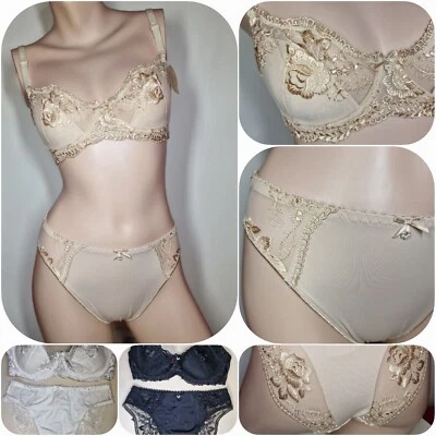 Mujer Floral Encaje Ropa Interior Set Sujetador Breve Flor 34C 36C 38C Desnudo Blanco Negro Foto 1 de 4