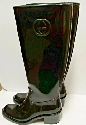 Gucci Black Monogram Logo Patent Rubber Boots Sz 5.5 (FC 71A/4 D89) - Image 1 of 4
