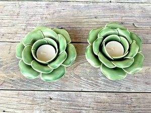 2 CHINESE MAJOLICA CERAMIC POTTERY GREEN FLOWER CANDLE HOLDERS, GLOSSY GLAZED - Picture 1 of 11