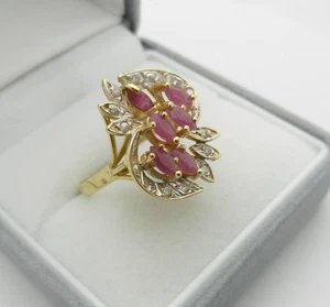 Vintage Style 10k  Solid Yellow gold Cluster Ruby and Diamonds Ring size 8 - Picture 1 of 8