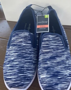 West Loop Navy White Canvas Stripe Medium 7/8 Women's Slip On Memory Foam Shoes - Picture 1 of 13