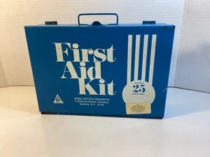 Vintage Acme Cotton Products Blue Metal FULL First Aid Kit 1970 - Picture 1 of 5