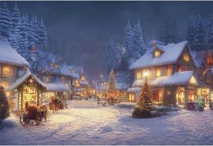 WeihnachtenHintergrundSzene Winter Haus Dorf Kiefern Schneefeld Foto Hintergrund - Bild 1 von 6