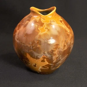 ShaJa Crystalline Glaze 5 3/4" Round Vase Hand Thrown Potter Wheel Brown Gold R5 - Picture 1 of 12