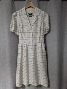 DKNY Vintage Size 10 Cream Striped Midi Dress Riviera Linen Blend C39 - Picture 1 of 11