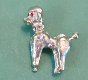 Vintage Brosche PUDEL HUND mit roten farbigen Strassaugen in Silber Goldfarben - Bild 1 von 7