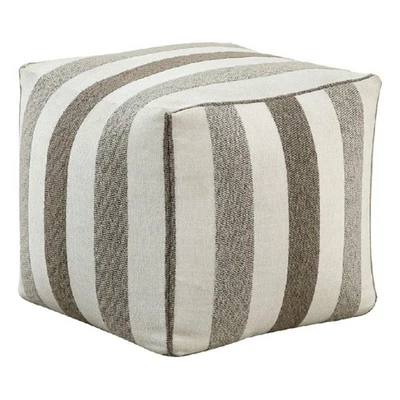 Modern Pouf Ottoman- White and Taupe Striped Jacquard- 16 Inch Square - Image 1 of 4