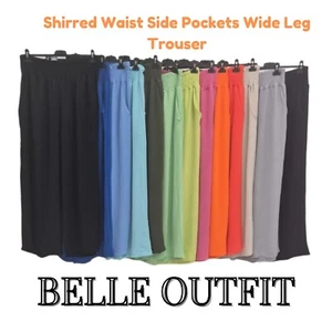 Ladies Italian New Summer Elasticated Waist Side Pockets Wide Leg Womens Trouser - Picture 1 of 14