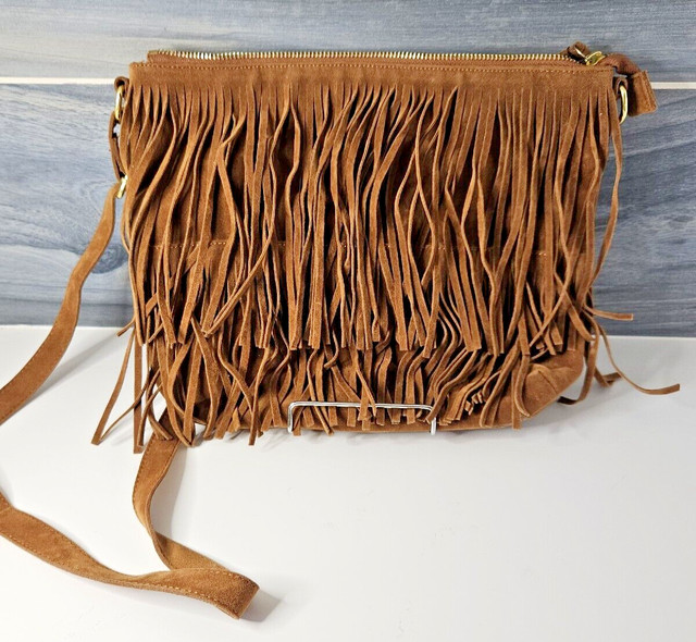 Tan Real Suede Western Quilted Fringe Bag