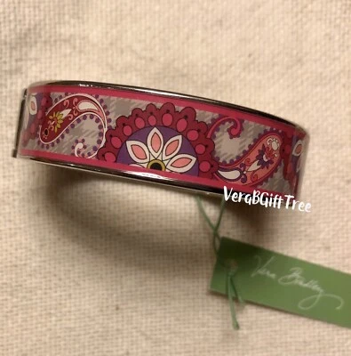 Vera Bradley Bangle Bracelet PAISLEY MEETS PLAID Hinged SILVER PINK 💕 NWT $38 - Image 1 of 4