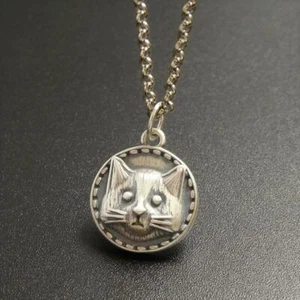 Handmade Unique Fun Sterling Silver Cat Face Round Charm Pendant Necklace - Picture 1 of 8