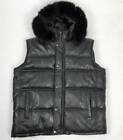 Men Lambskin Puffer Leather Vest Fur Hooded Black Gillet Vest Coat Jacket