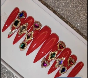 J. Minks Cosmetics red long Stiletto press on nails Diamond Set Of 10 - Picture 1 of 2