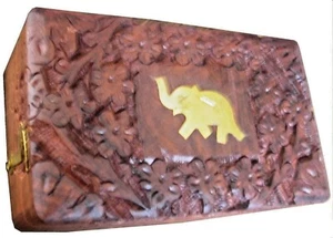 One Brass Elephant Carved Decorative Wooden Box - Picture 1 of 4