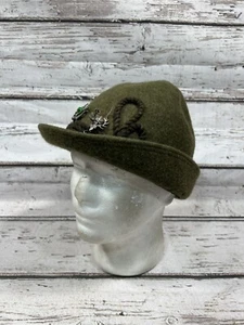 Vintage olivgrüne Wolle Bayerischer Walk-Loden deutsche Fedora Mütze Kappe mit Pins LESEN - Bild 1 von 9