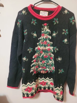 Reliquia Coleccionables Suéter Árbol de Navidad 3D Largo Tejido Pullover Vintage L pl Foto 1 de 4