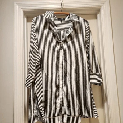 Удобный США Lagenlook черный белый в полоску кнопка спереди туника верх | размер большой - Изображение 1 из 4