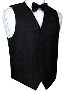 MEN'S BLACK PAISLEY FORMAL DRESS TUXEDO VEST & BOW-TIE SET. WEDDING PROM - Picture 1 of 4